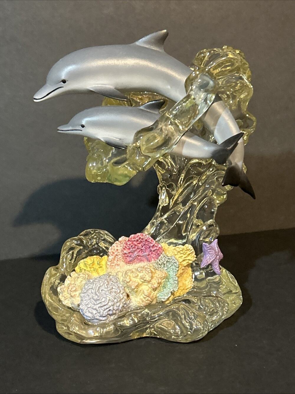LENOX 2001 RESIN & ACRYLIC DOLPHIN AND CORAL SCULPTURE Water Wave 7” Used